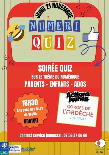 Soirée Actions Jeunes NUMERI QUIZ jeudi 21 novembre à 18h30 à la salle des fêtes de Vogüé