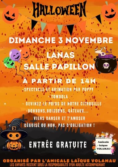 Fête d'Halloween de l'école Volamau dimanche 3 novembre à Lanas à partir de 14h