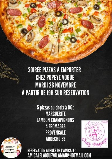 Soirée pizzas Chez Popeye mardi 26 novembre  sur réservation