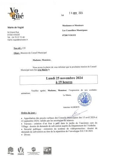 Prochaine réunion du Conseil Municipal : lundi 25 novembre 2024 à 19h en Mairie